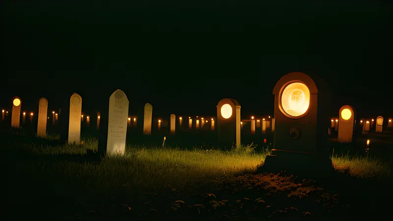 A hillside of small grave markers receding into scanlines and burnt amber phosphor glow