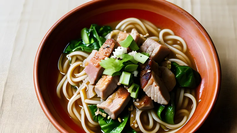 A bowl of thick cao lau noodles topped with sliced pork, crisp crackers and greens