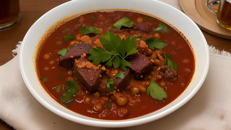 A cast-iron pot of dark glossy beef stew with soft onions, a slice of bread half-dissolved on the surface