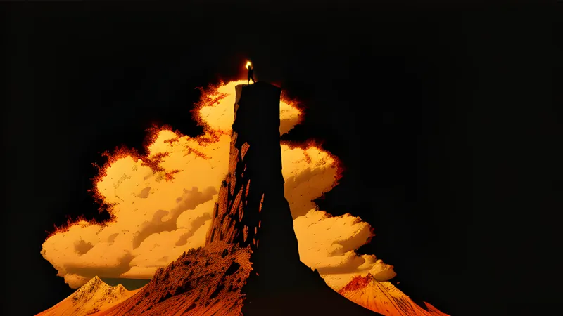 A small climbing silhouette against a towering pixel-storm mountain peak