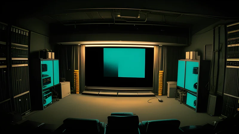 A videotape editing bay with tape spooling under a red light