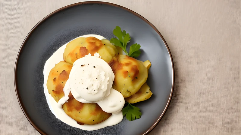 Two large grey potato dumplings on a plate topped with crisp bacon, fried onion and a spoonful of soured cream
