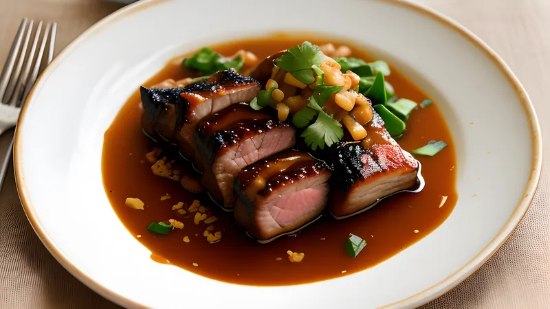 Glossy caramel-red braised pork belly cubes in a dark clay pot with dried chillies and star anise