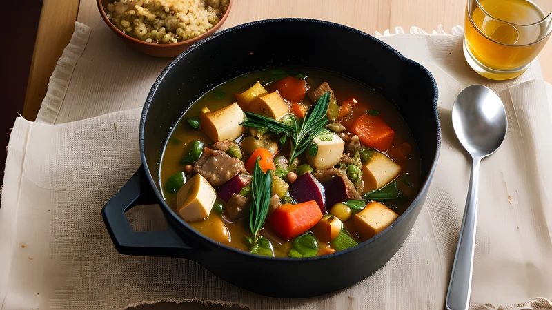 A pot of green Georgian lamb stew heavy with tarragon leaves and sour green plums