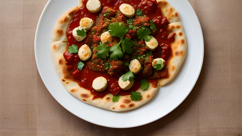 Torn flatbread pieces soaked in spiced red tomato and lamb sauce