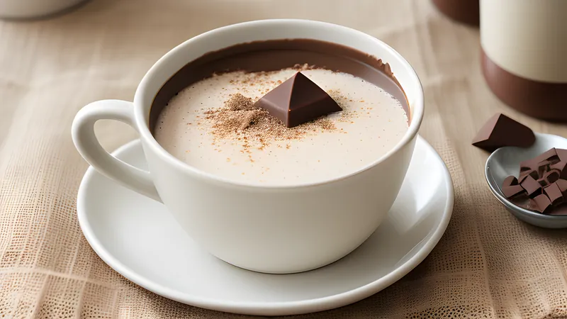 Thick chocolate atole in a clay mug with a wooden molinillo whisk beside it