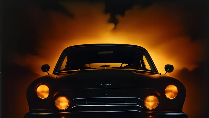 Headlights closing in on a fleeing car down a dark highway, CRT amber glow
