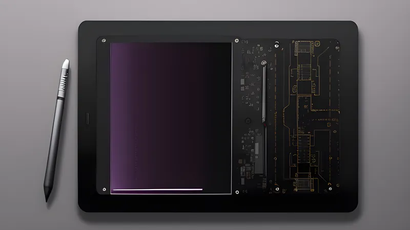 An invented flat graphics tablet slab with a stylus hovering above, a pressure-sensor grid glowing faintly beneath the surface