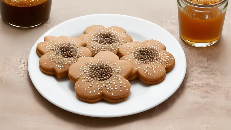 Sesame flower-shaped biscuits glazed and glistening in dark honey