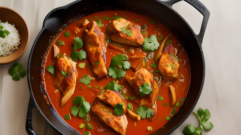 Chicken karahi bubbling in a steel two-handled karahi pan with fresh ginger