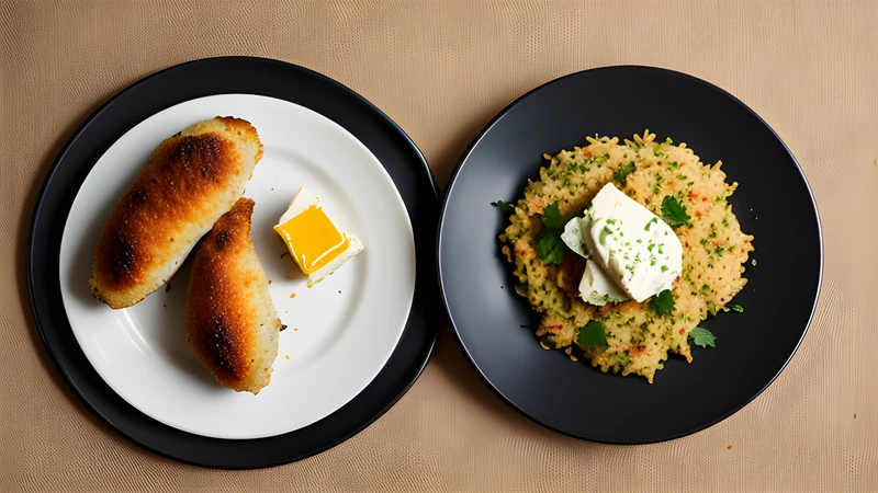 A golden crumbed chicken cutlet cut open, green garlic butter running out onto a plate beside dill and lemon