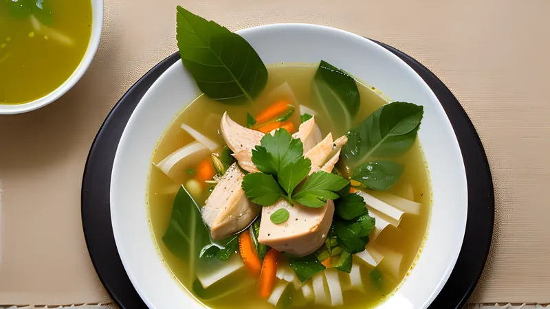 A bowl of clear chicken tinola broth with green papaya wedges and chilli leaves