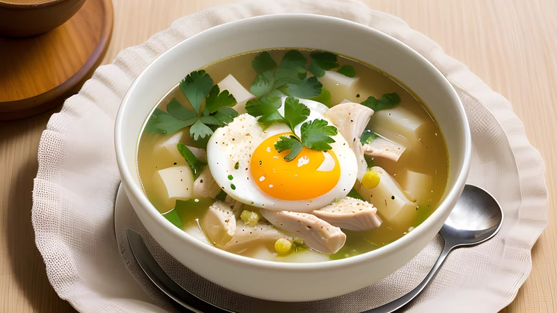 A bowl of pale golden silky chicken soup thickened with egg, scattered with chopped fresh coriander