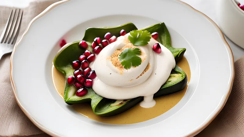 Stuffed poblano chile draped in white walnut cream with pomegranate seeds and parsley