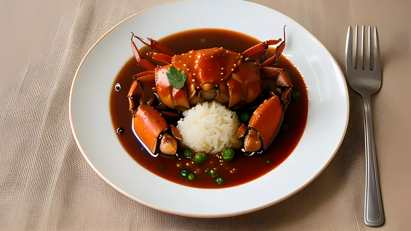 A whole mud crab coated in glossy red chilli and tomato gravy in a wok