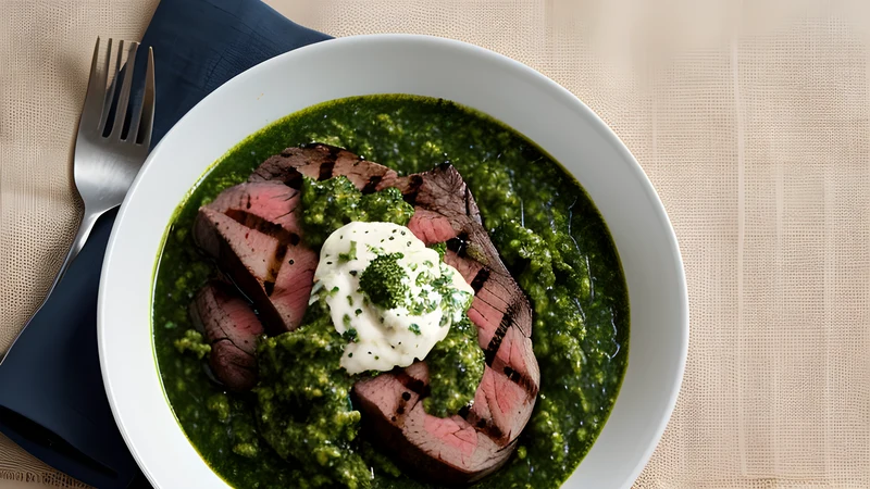 A bowl of bright green chimichurri sauce flecked with red chilli beside a grilled steak