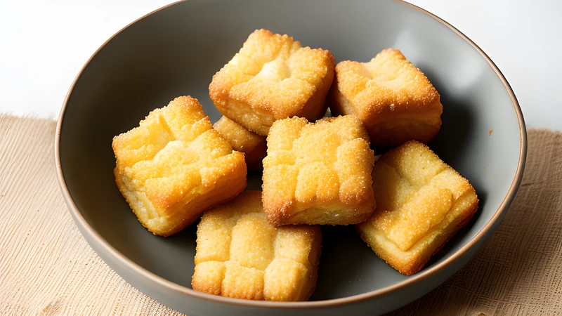 A bowl piled with small golden-brown fried dough cubes dusted with a little sugar