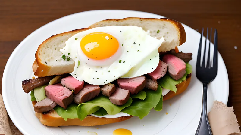 A stacked chivito sandwich with steak, ham, egg, cheese and bacon on a plate