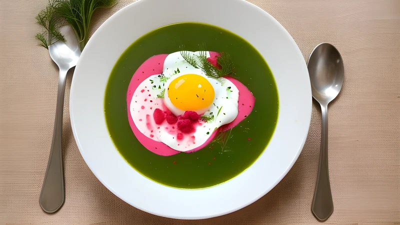 A bowl of bright pink cold beetroot soup with soured cream swirl, sliced radish, chopped dill and a halved boiled egg