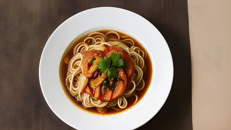 A bowl of Chongqing xiaomian noodles glossy with red chilli oil and scattered spring onion