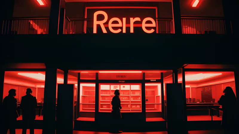 An empty shopping arcade at night lit by a single red sensor eye, repertory-cinema poster in teal and amber