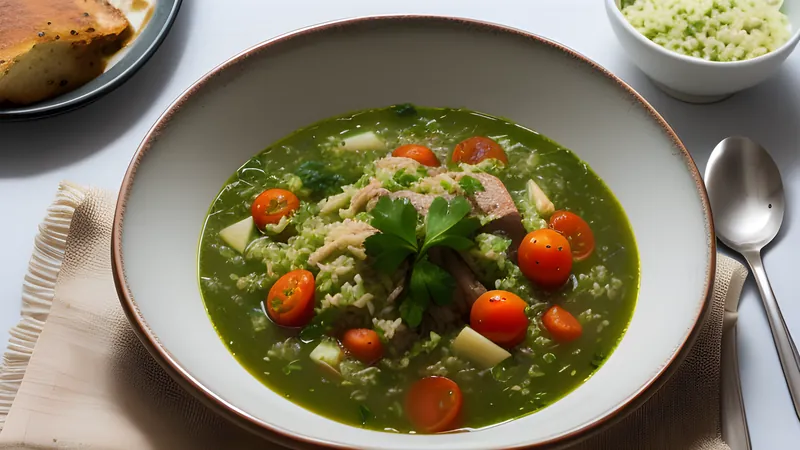 Green freekeh soup with lamb, tomato and coriander in a deep bowl
