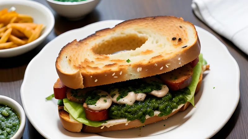 A split grilled chorizo sandwich topped with green chimichurri on a wooden board