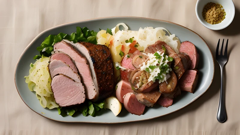 A wide platter of pale braised sauerkraut heaped with smoked pork loin, sausages and boiled potatoes, on a linen cloth