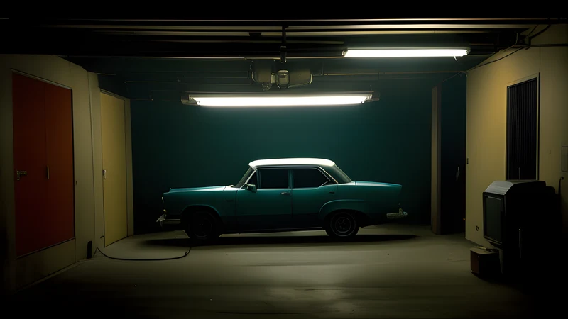 A red car parked in a dark garage beneath a single hanging bulb