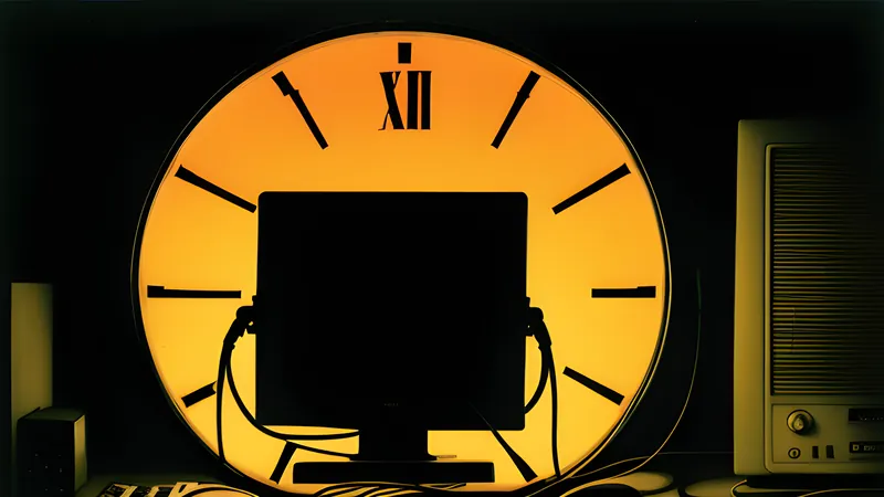 Overlapping translucent clock hands sweeping across a layered timeline, rendered in warm CRT amber