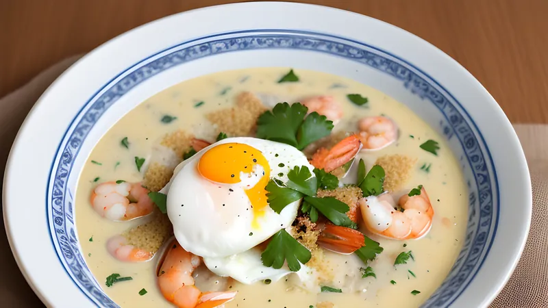 A bowl of chupe de camarones with prawns, corn, potato and a poached egg in a rosy broth