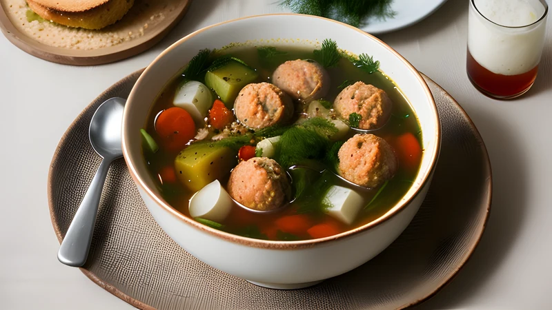 Sour meatball soup with vegetables, small pork meatballs and chopped dill in a rustic ceramic bowl