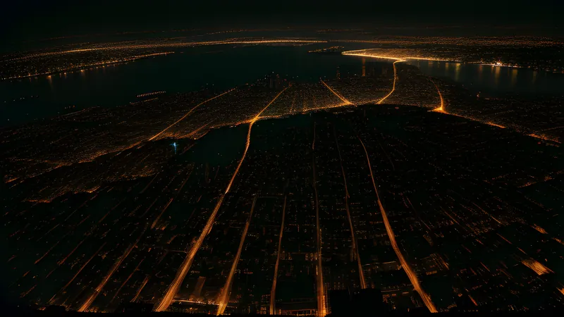 A sprawling night-lit city grid seen from above, traffic threading between glowing towers