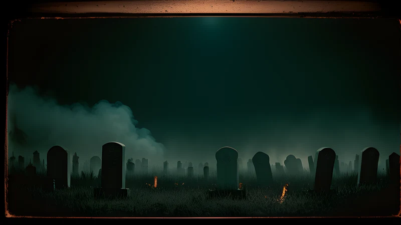 A mist-filled graveyard with a dark fissure splitting the ground between leaning headstones, rendered as a grainy repertory poster in teal and amber