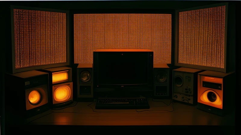 A grid of centuries spiralling toward a dawn horizon, drawn in amber phosphor glow with scanlines