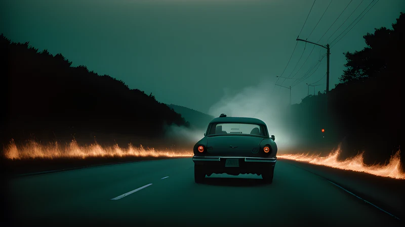 A coast road at night lit by the headlights of a single car