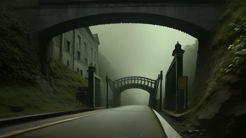 A glowing bridge over a dark chasm with a toll gate at the far end