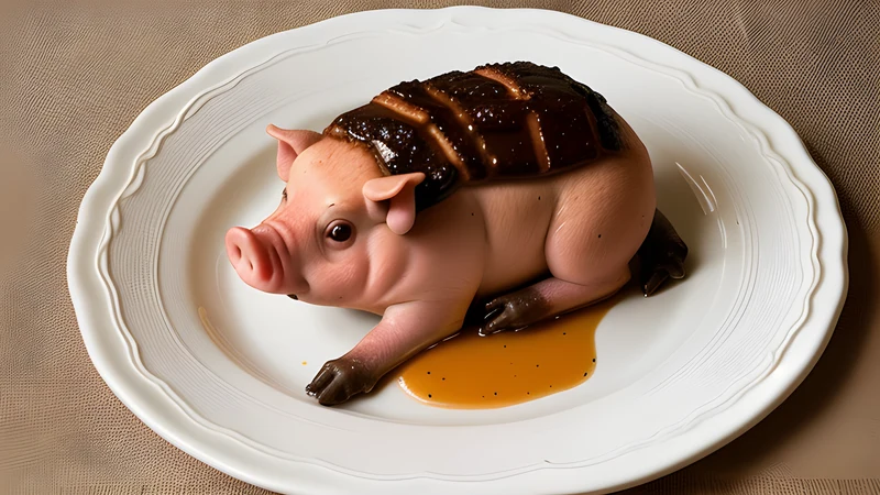 Half a roast suckling pig in an earthenware dish, skin blistered amber, with a white plate resting against it