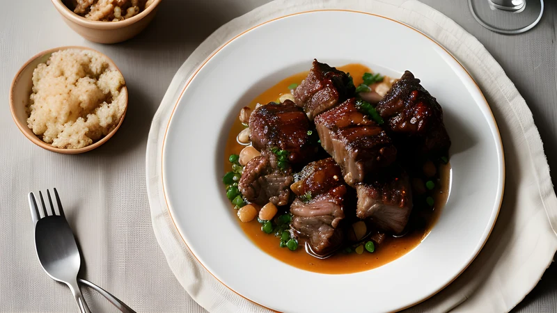 Dark braised oxtail pieces in glossy tomato sauce with celery batons in a heavy casserole