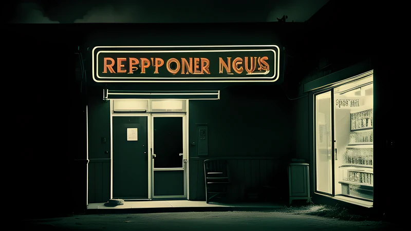 A dark porch at night with a shotgun leaning against the rail and a neon sign glowing beyond
