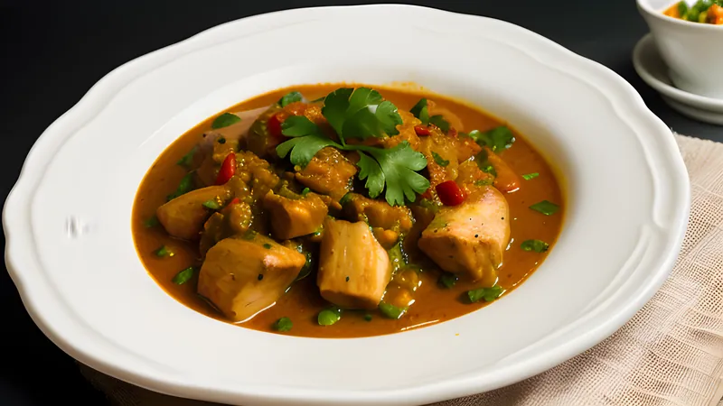 Chicken and potatoes in a golden colombo curry sauce in a shallow dish, with rice alongside