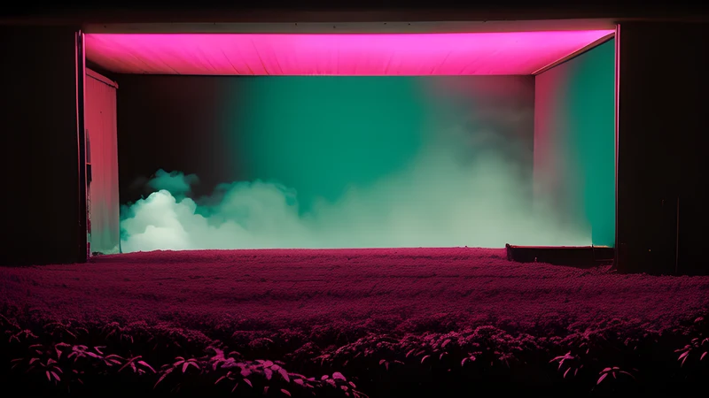 A remote farmstead washed in a magenta light that should not exist in nature