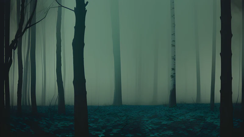 Repertory poster: a birch forest at night with a distant burning barn, teal mist and amber firelight through smoke