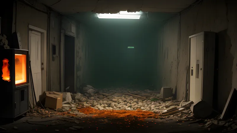 A bombed-out European street of sandbagged doorways and shattered walls under smoke