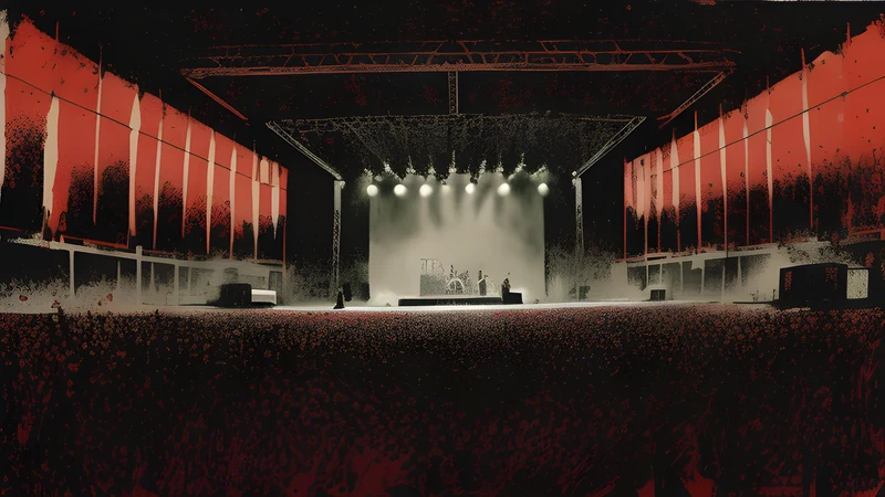 An indoor festival stage in Haarlem lit with intricate cool lighting over a rapt crowd, ink-splatter illustration with a crimson hot spot.