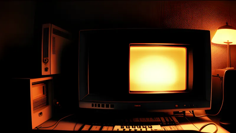 An early online terminal glowing alone in a dark room