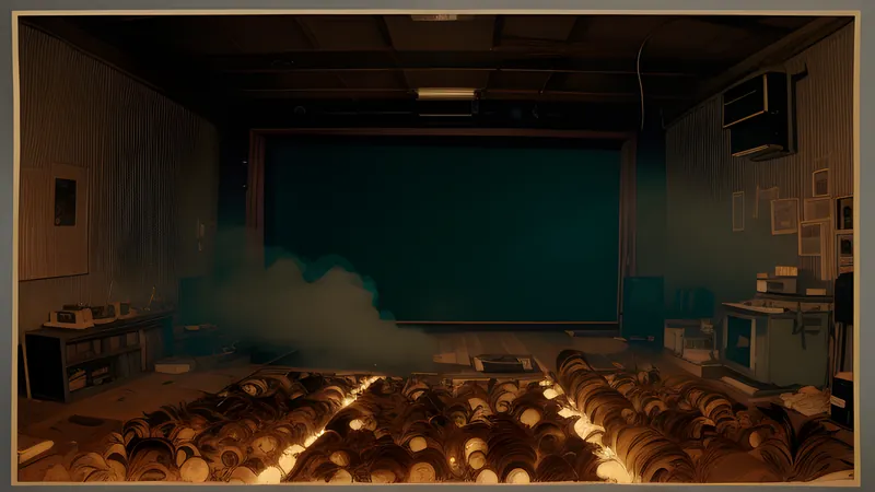 Repertory-cinema poster of a workbench strewn with feathers, nails and rolling pins under a bare bulb, teal and amber projector light through smoke