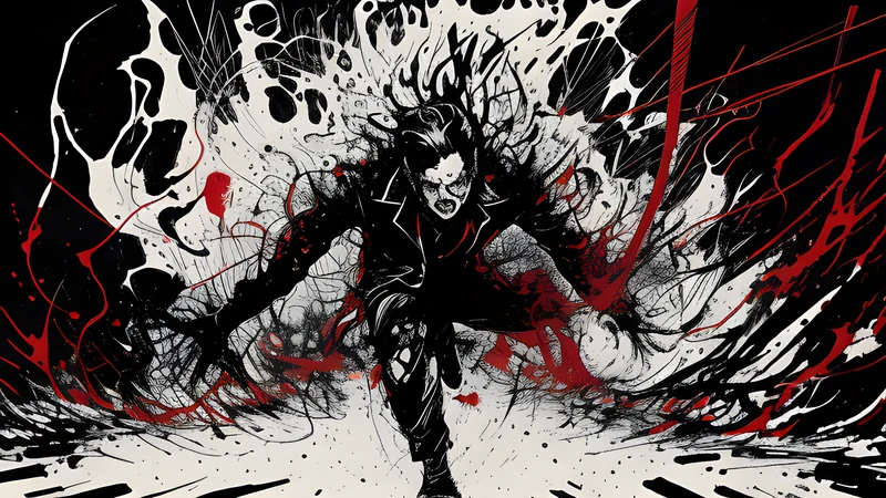 A violent blur of motion, snapped guitar strings and thrashing limbs in stark high contrast
