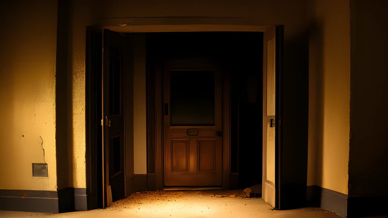 A lost tomb doorway lit from within by warm amber light, dust in the air, heavy grain and scanlines