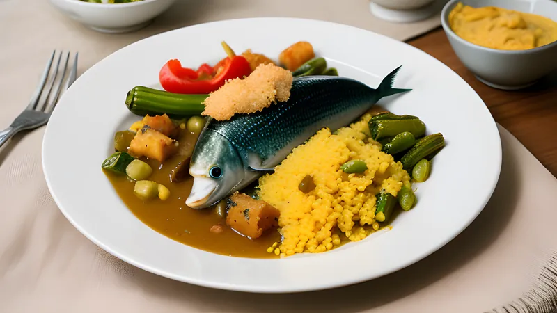 A mound of golden okra cou-cou beside flying fish fillets in a red Creole gravy